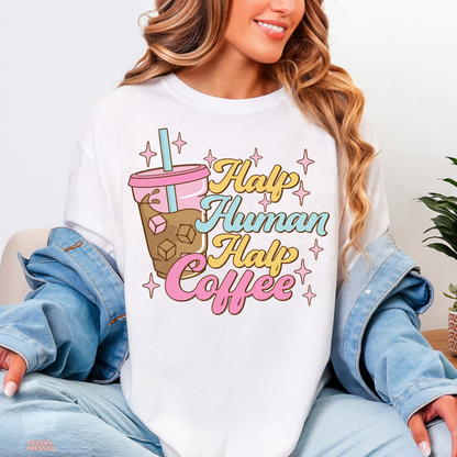 White Half Human Half Coffee sweatshirt featuring a pastel iced coffee design with pink, yellow and blue lettering.