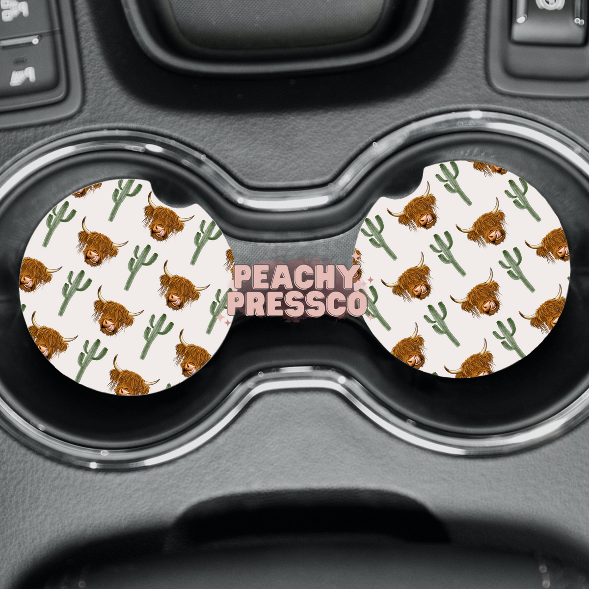 Highland cow car coasters with cactus pattern, ceramic cup holder inserts for vehicle