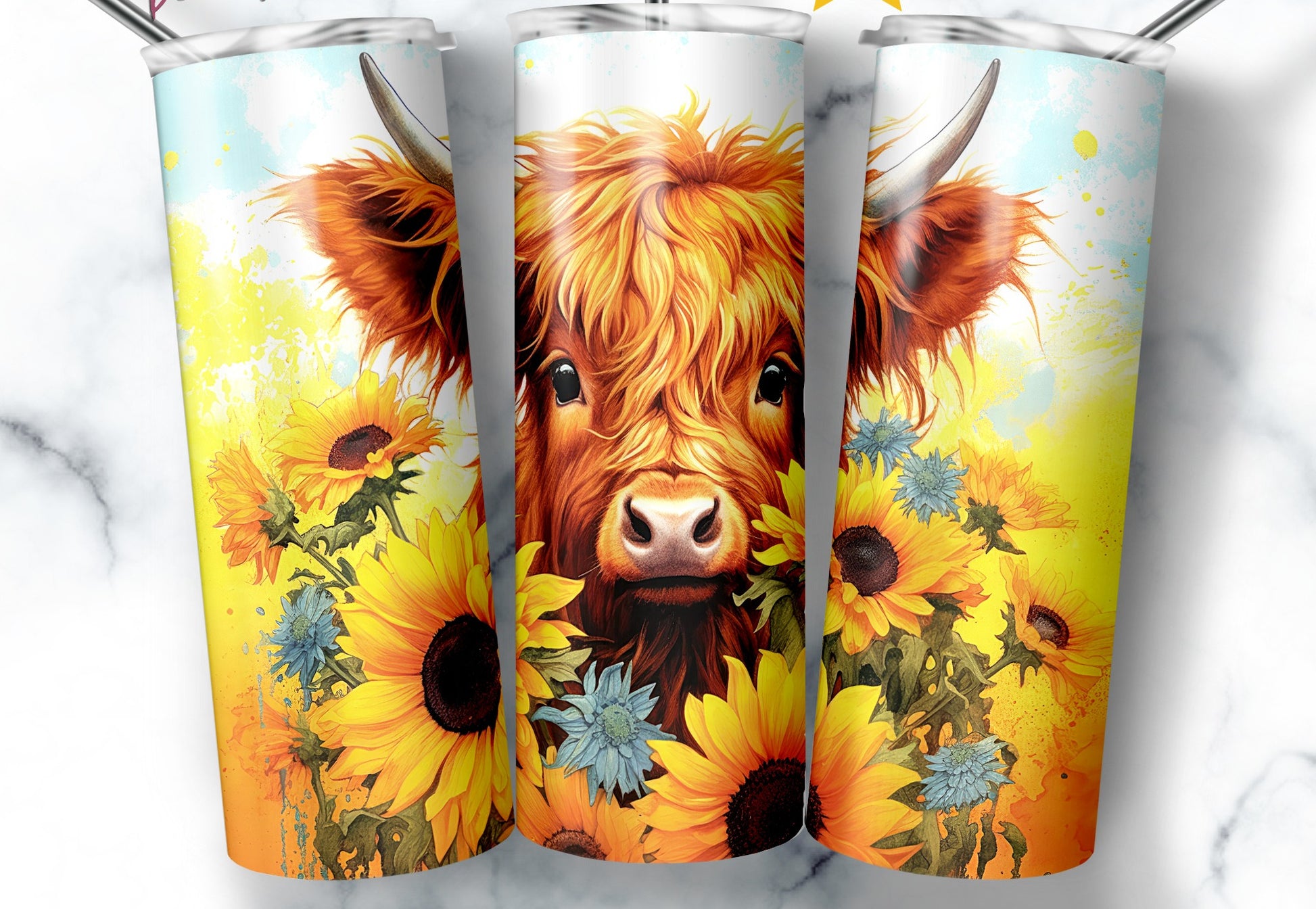 Bright Highland cow tumbler with sunflowers and watercolor background, perfect for farmhouse and country style lovers.