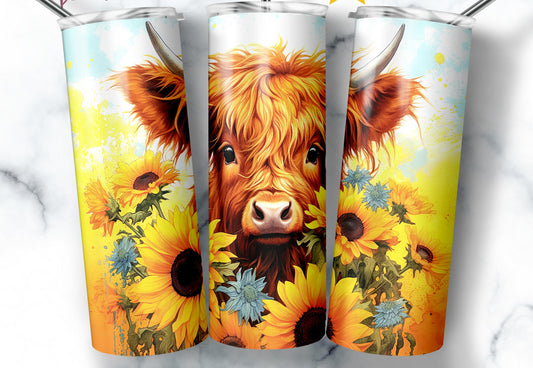 Bright Highland cow tumbler with sunflowers and watercolor background, perfect for farmhouse and country style lovers.