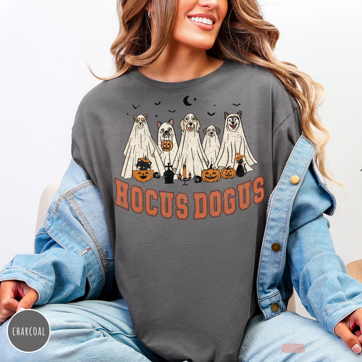 Charcoal Hocus Dogus Halloween dog T-shirt featuring ghost dogs, pumpkins, bats and orange vintage lettering