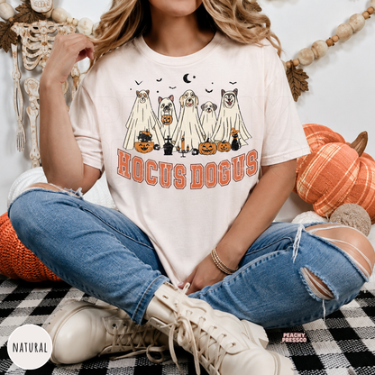 Natural Hocus Dogus Halloween graphic tee with ghost dogs, pumpkins, bats and a cute vintage spooky design