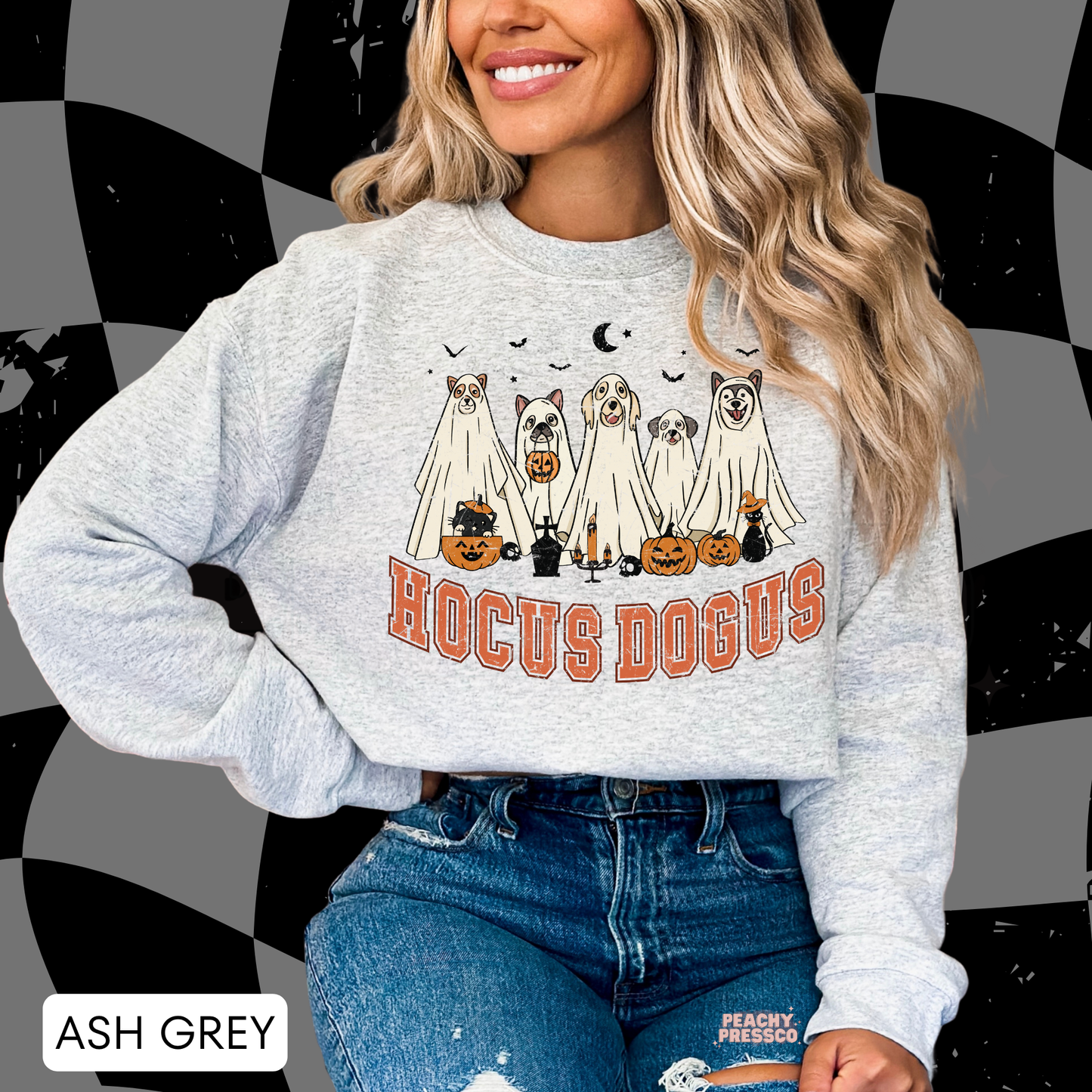 Ash grey Hocus Dogus Halloween sweatshirt featuring dogs dressed as ghosts with pumpkins and spooky details