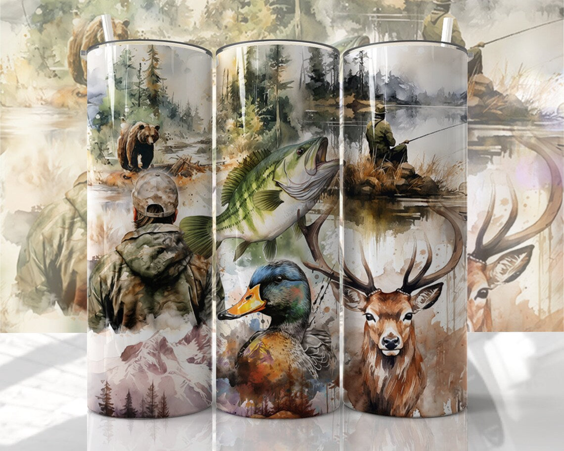 20oz skinny tumbler featuring deer, bass fish, duck, bear, and fisherman in a watercolor hunting and fishing collage design.