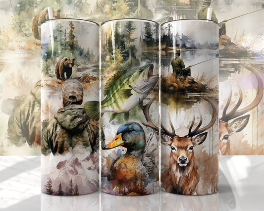20oz skinny tumbler featuring deer, bass fish, duck, bear, and fisherman in a watercolor hunting and fishing collage design.