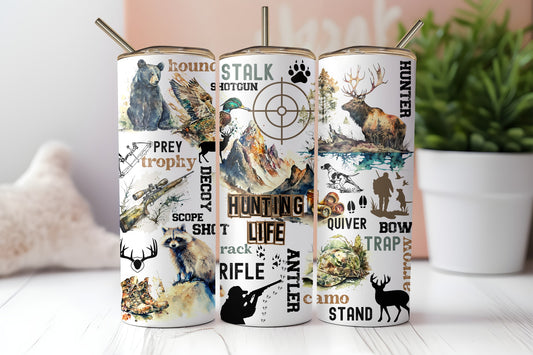 20oz skinny tumbler featuring deer, bear, duck, raccoon, rifle, and hunting-themed graphics with "Hunting Life" design.