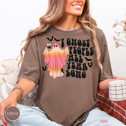 Espresso Halloween shirt featuring I Ghost People All Year Long with a pink coffee ghost and bats