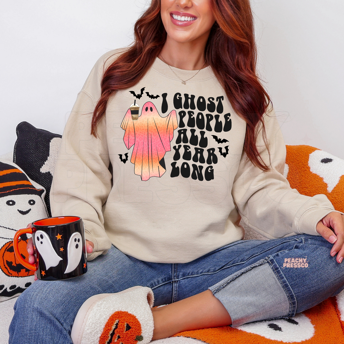 Sand Halloween sweatshirt with I Ghost People All Year Long pink coffee ghost and bat graphic