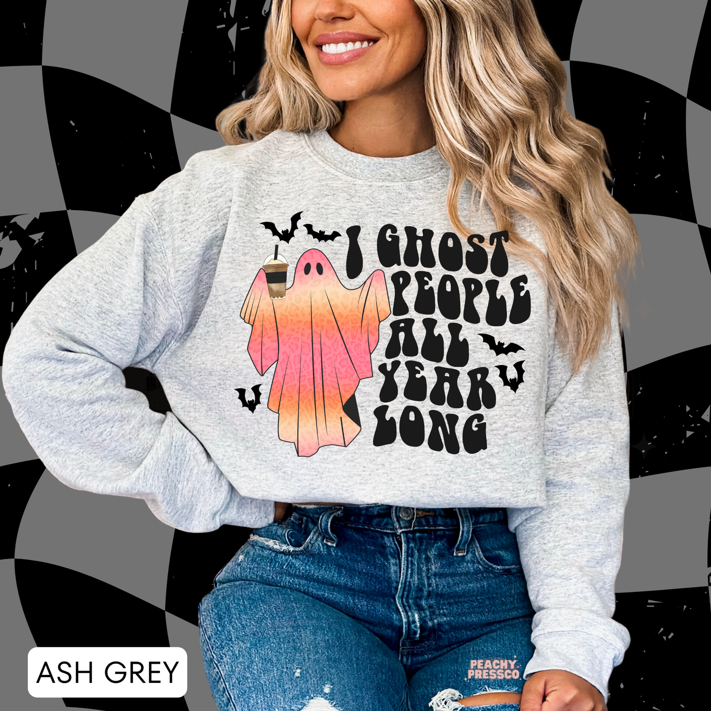 Ash grey Halloween sweatshirt with funny I Ghost People All Year Long coffee ghost and bat design