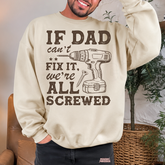 Sand crewneck sweatshirt featuring the funny dad repair quote with a vintage cordless drill illustration. Great Father's Day gift for handy dads, contractors, mechanics, and home improvement enthusiasts.