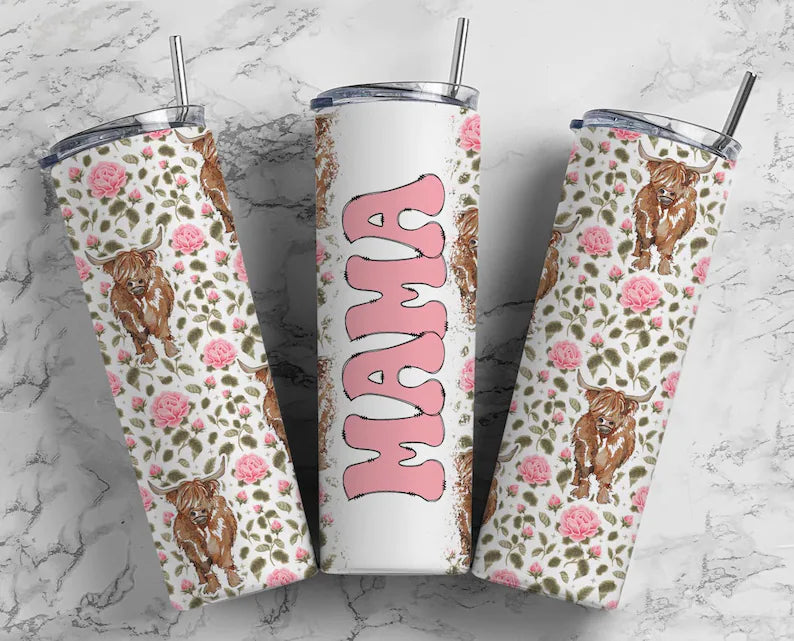 Highland Cow Mama Tumbler – Floral Western Pink Cow Print for Moms