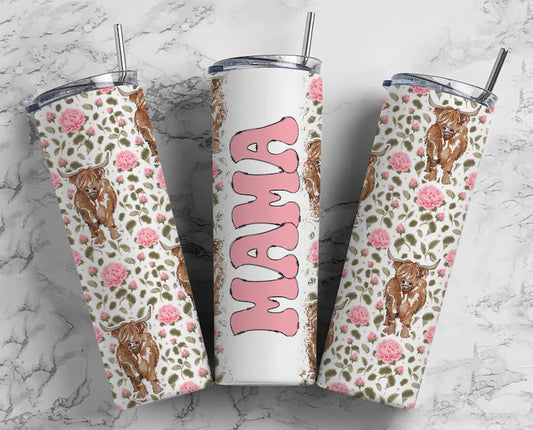 Highland Cow Mama Tumbler – Floral Western Pink Cow Print for Moms