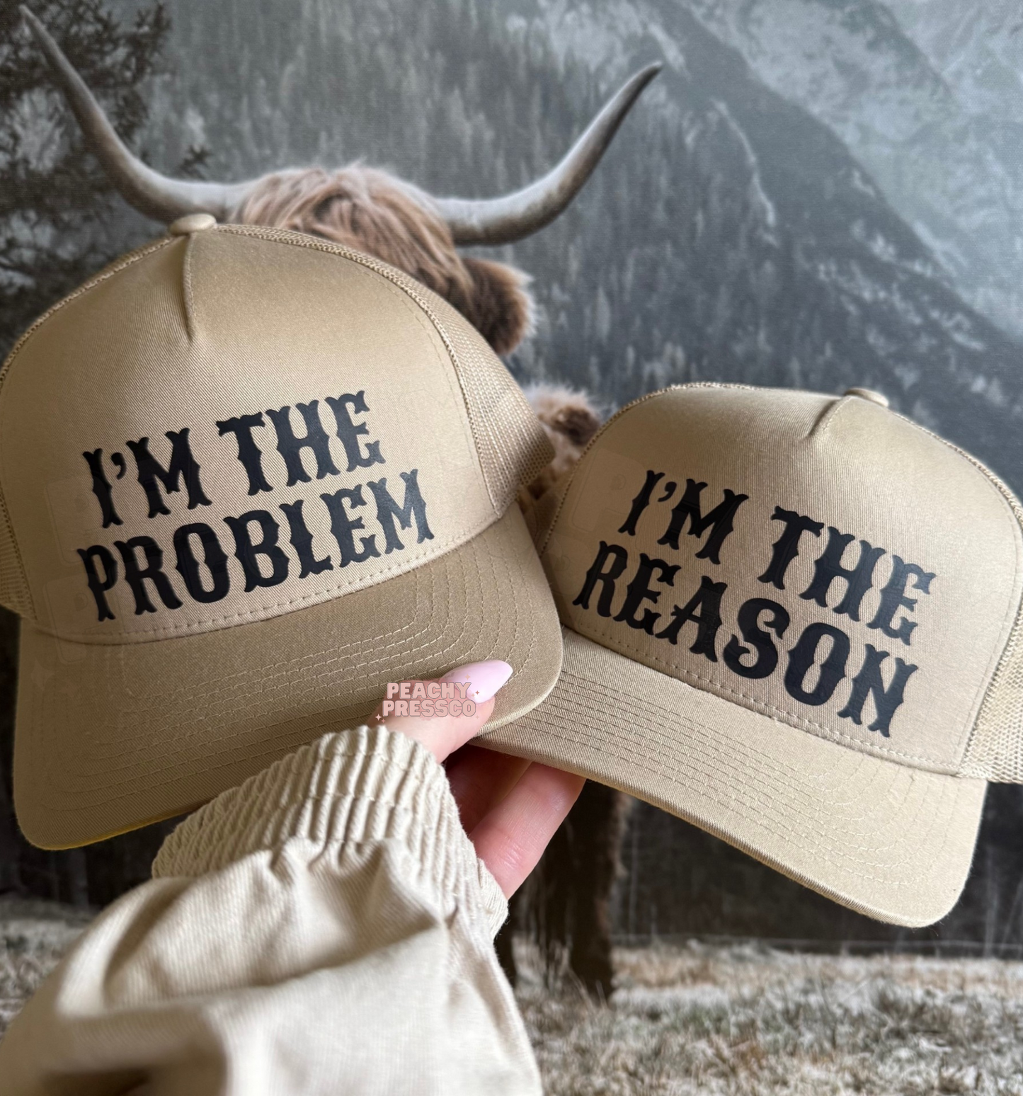 Matching tan western trucker hats, ideal for couples, country concerts, rodeos, and western fashion.