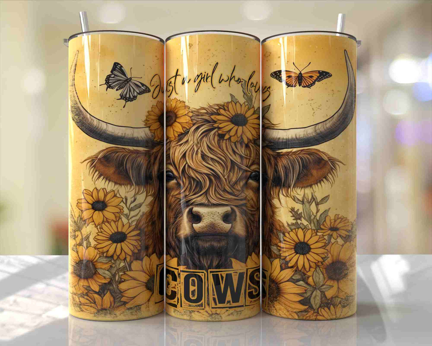20oz tumbler featuring a Highland cow surrounded by sunflowers and butterflies with the phrase "Just a Girl Who Loves Cows" in a rustic western design.