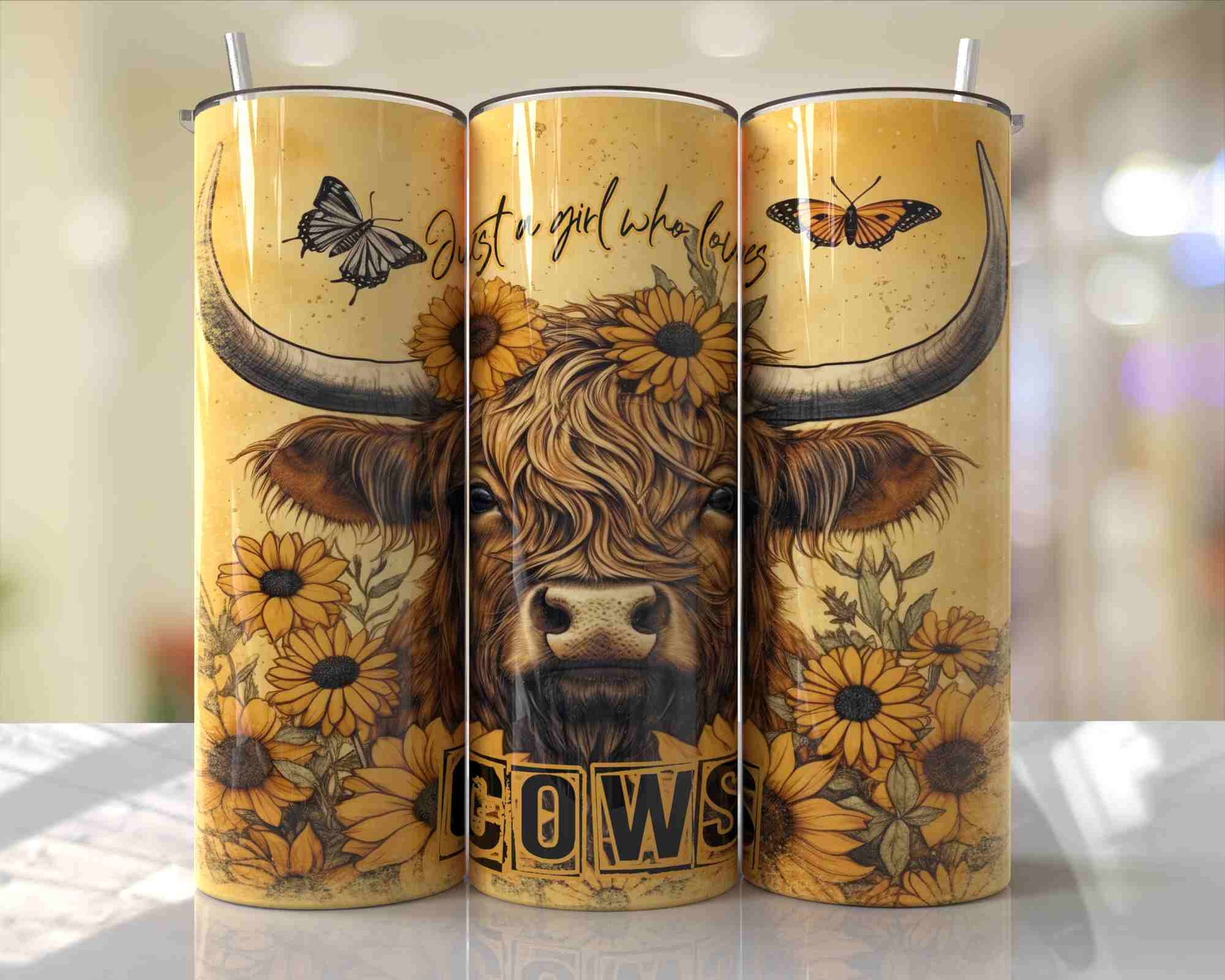 20oz tumbler featuring a Highland cow surrounded by sunflowers and butterflies with the phrase "Just a Girl Who Loves Cows" in a rustic western design.