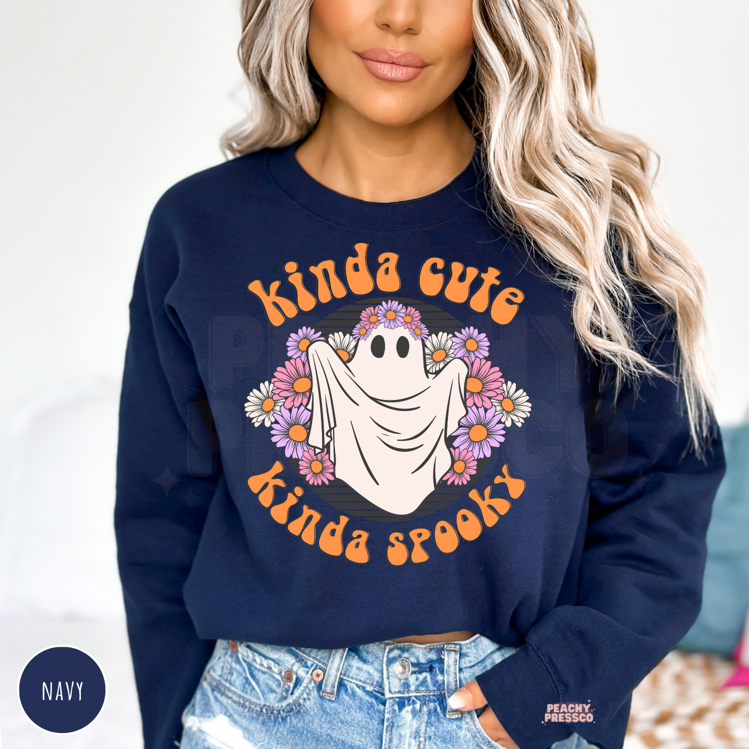Navy Halloween crewneck sweatshirt featuring a cute floral ghost with retro Kinda Cute Kinda Spooky design.
