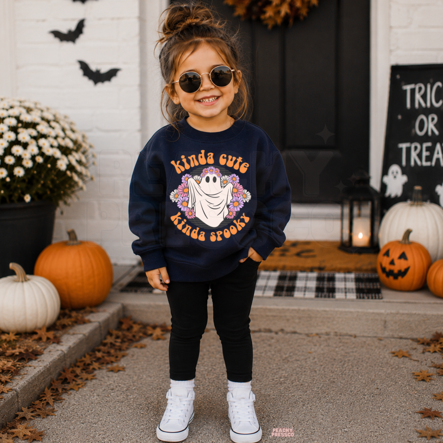Girl wearing a navy Kinda Cute Kinda Spooky ghost Halloween sweatshirt with a colorful floral design in a festive fall setting.