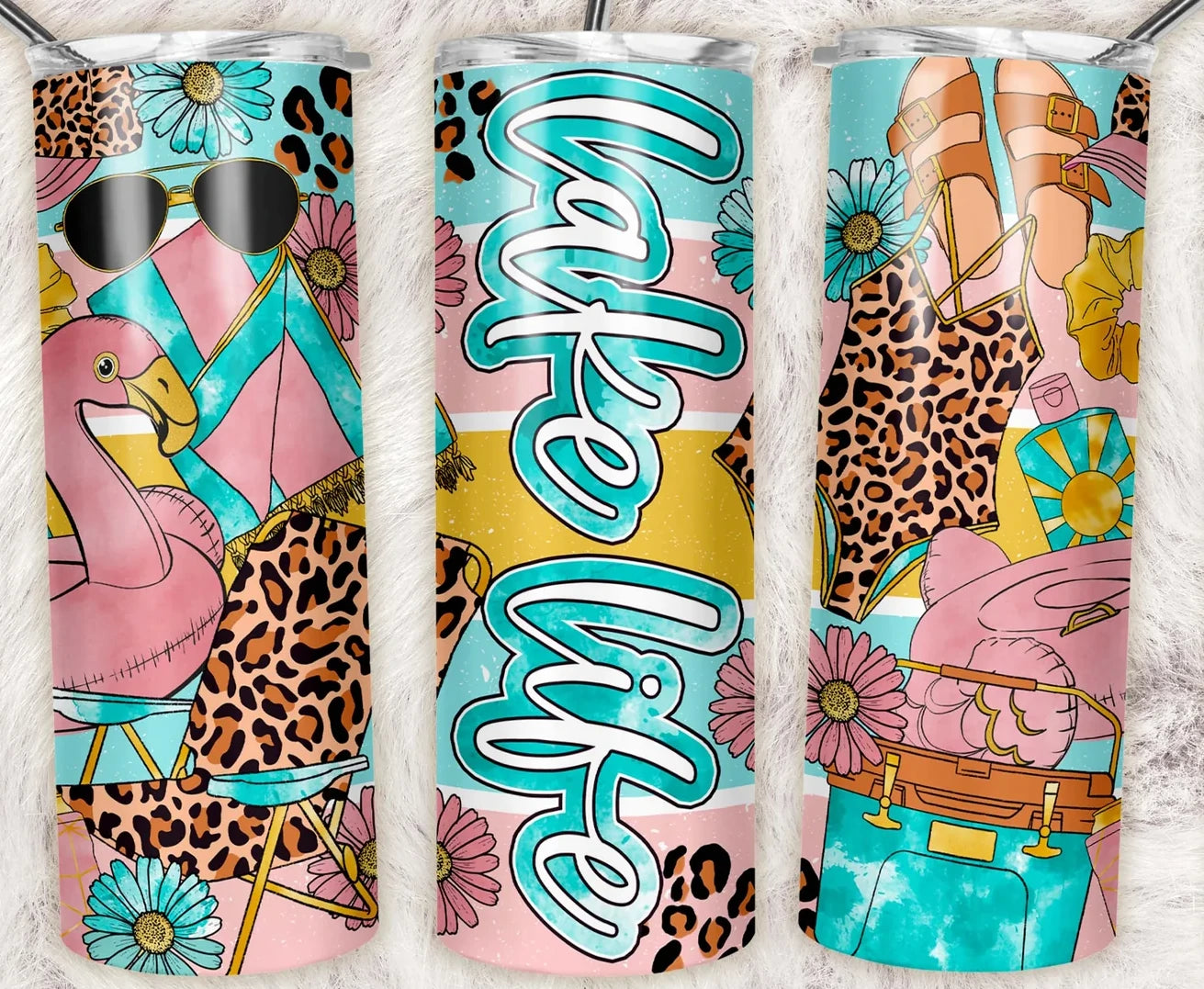 20oz stainless steel tumbler featuring a retro Lake Life design with leopard print, turquoise accents, floral details, and a stylish outdoor aesthetic. Perfect for lake lovers, boating, camping, and cabin weekends.
