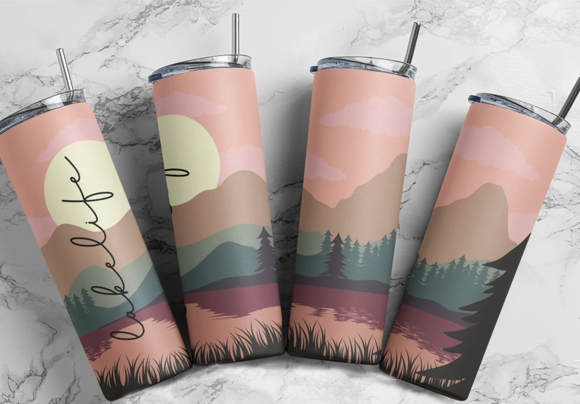 20oz stainless steel tumbler featuring a pastel Lake Life design with soft mountains, lake scenery, pine trees, and retro colors. Perfect for lake lovers, boating, camping, cabin weekends, and outdoor adventures.