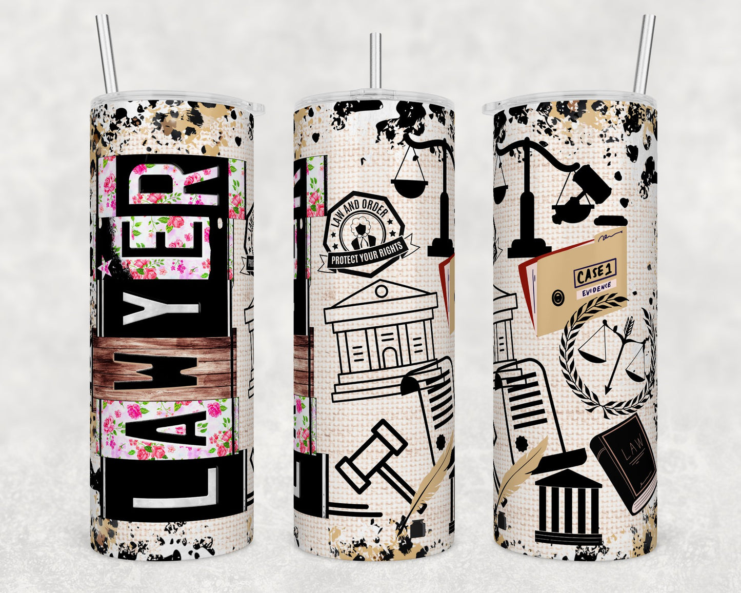 20oz stainless steel tumbler featuring lawyer-themed graphics including courthouse, scales of justice, law books, gavel, evidence folder, legal icons, and bold "LAWYER" typography.