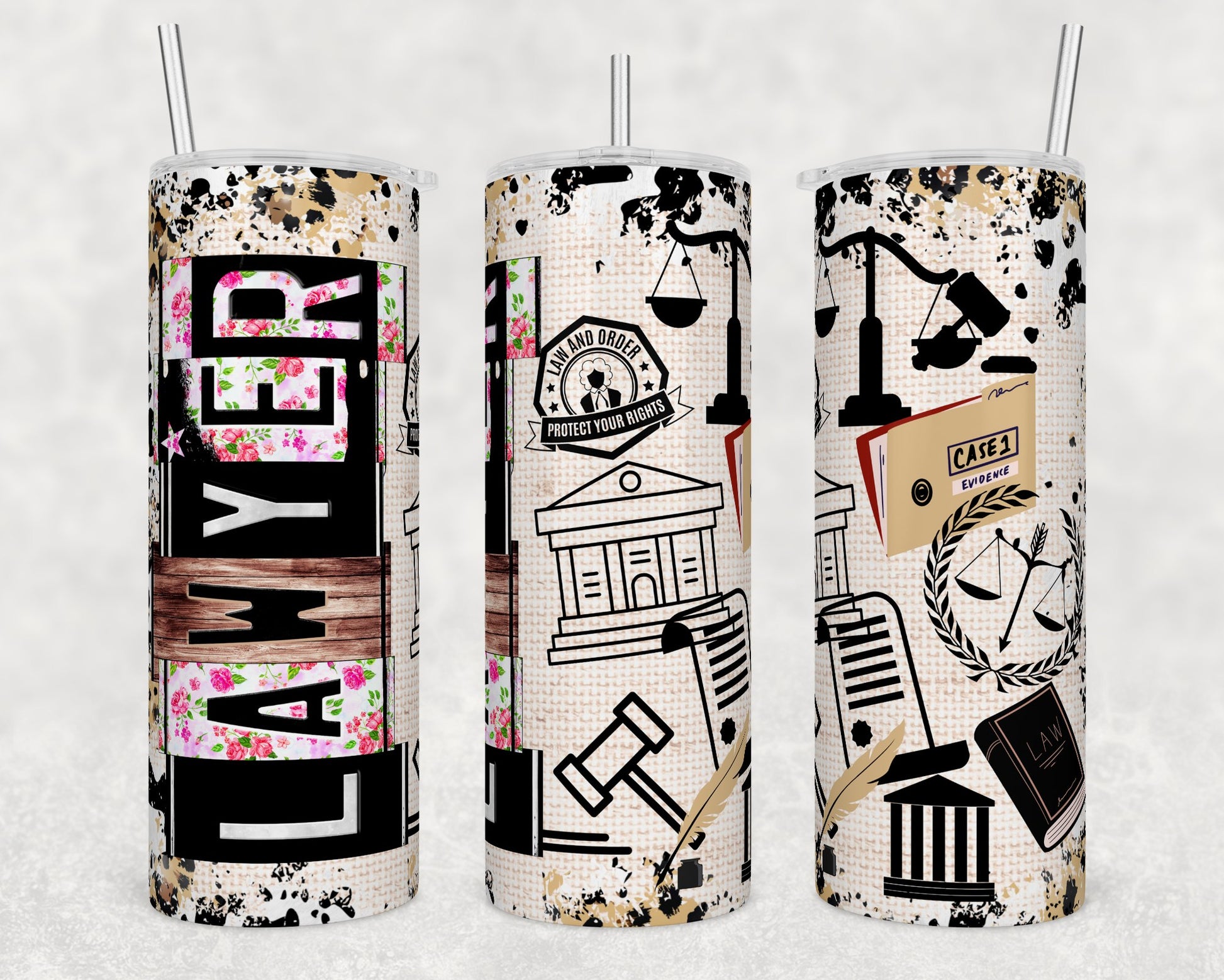 20oz stainless steel tumbler featuring lawyer-themed graphics including courthouse, scales of justice, law books, gavel, evidence folder, legal icons, and bold "LAWYER" typography.
