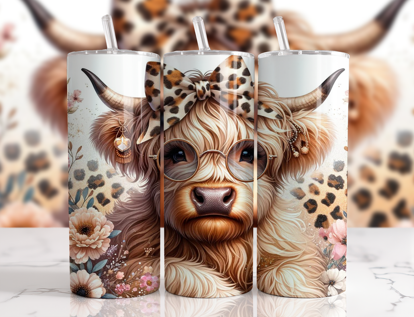 Highland cow 20oz skinny tumbler featuring a fluffy cow with round glasses, leopard print bow, floral accents, and western-inspired neutral tones on a stainless steel travel tumbler with straw.