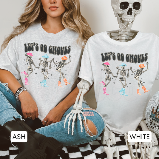 Let’s Go Ghouls Halloween skeleton cowgirl shirt shown in ash grey and white with colorful western hats and cowboy boots