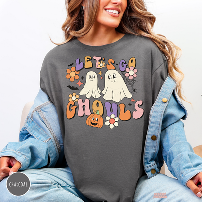 Charcoal Let’s Go Ghouls Halloween shirt featuring cute ghosts, pumpkin, bats and colorful retro groovy flowers