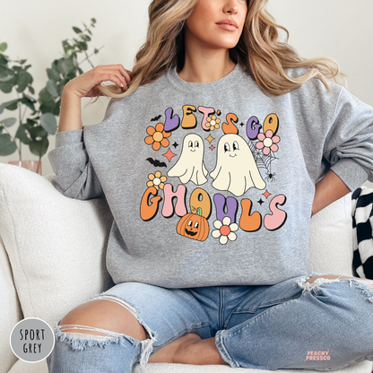 Sport grey Let’s Go Ghouls Halloween sweatshirt featuring cute ghosts, pumpkin, bats, spiderweb and retro flowers