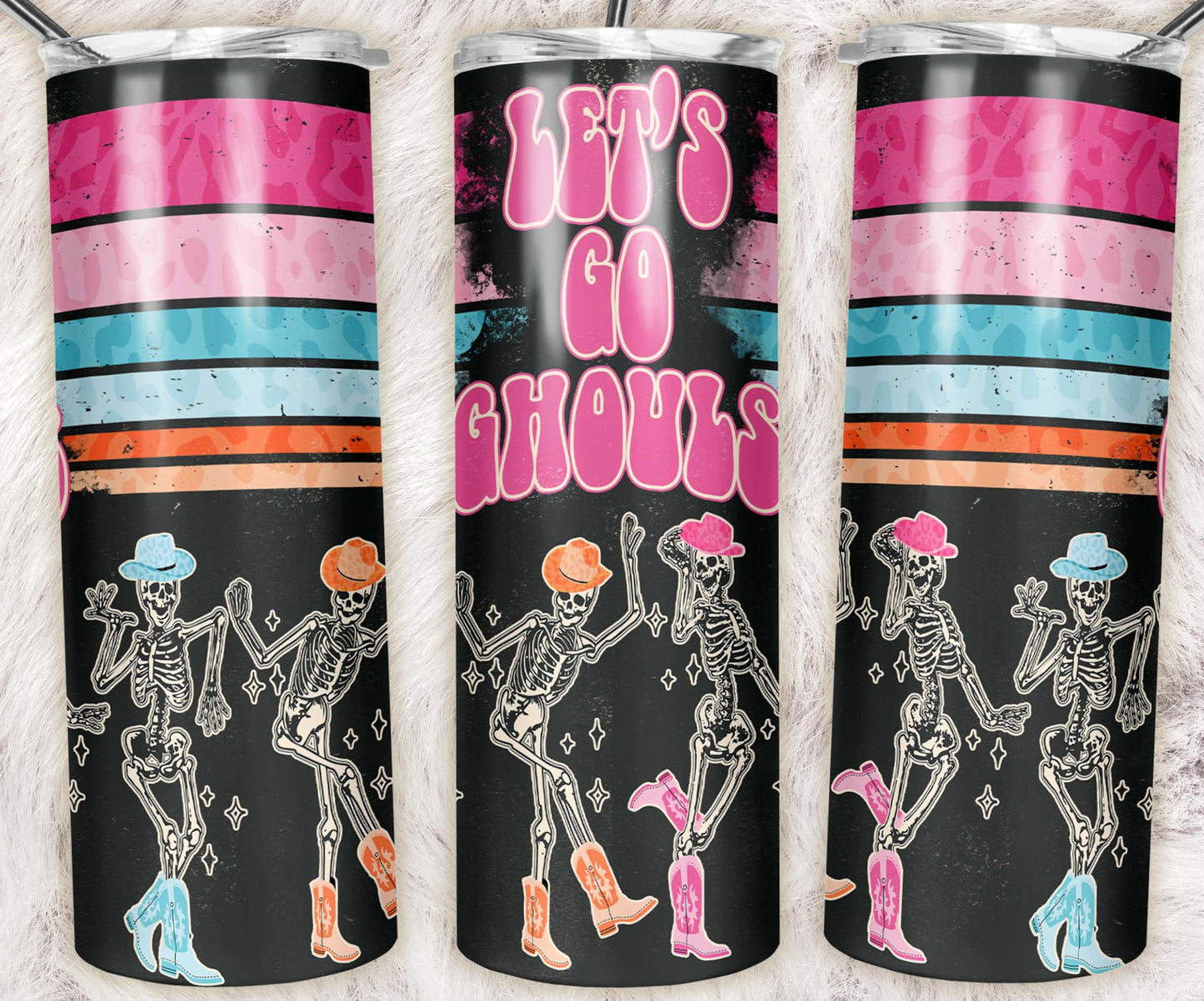 20oz skinny tumbler with dancing skeletons wearing colorful cowboy boots and Let's Go Ghouls retro Halloween design.