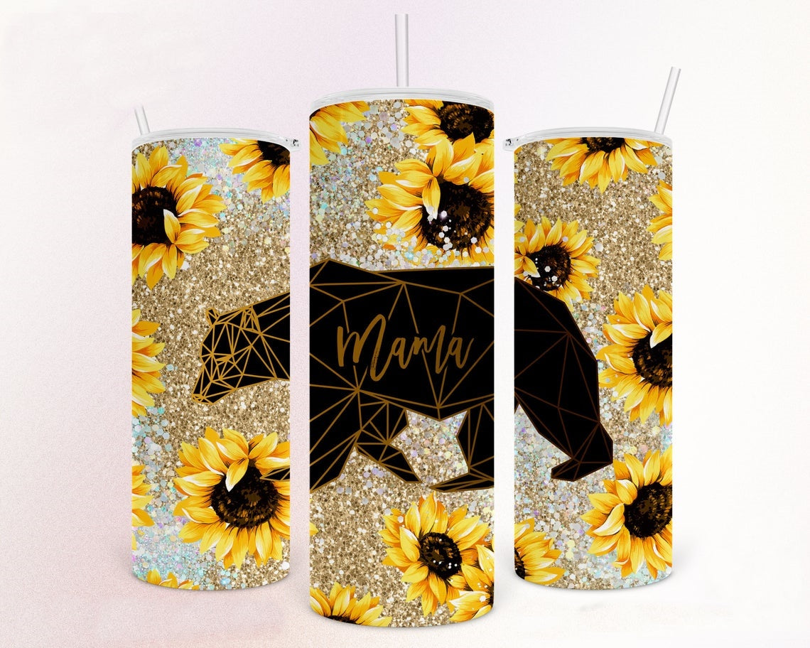 20oz skinny tumbler featuring a geometric black bear, sunflowers, glitter background, and Mama script.
