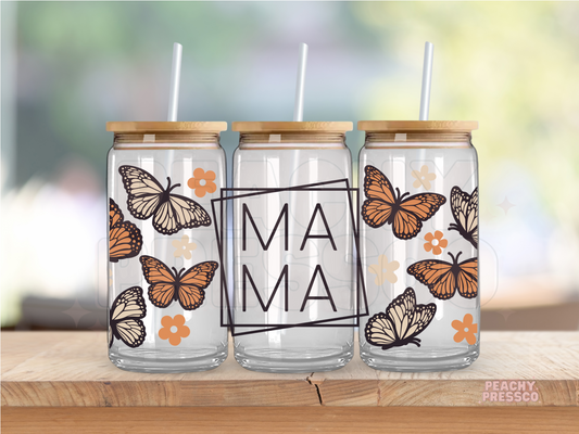 16oz glass cup featuring monarch butterflies, boho flowers, and minimalist Mama typography with bamboo lid and straw.