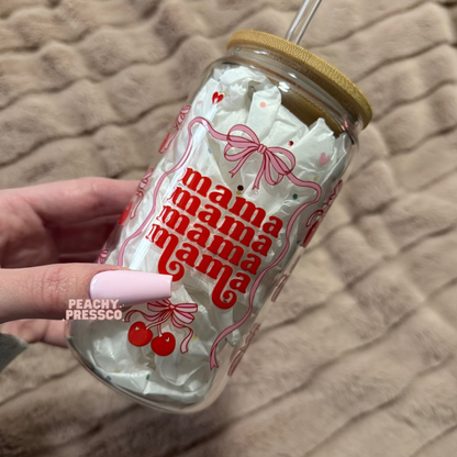 16oz Glass cup featuring a repeating cherry bow pattern with retro mama lettering, bamboo lid, and glass straw.