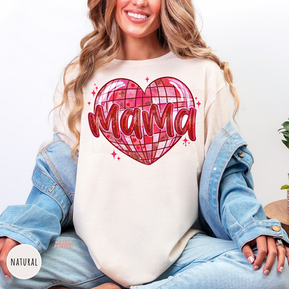 Natural shirt featuring a glittery pink disco heart with the word "Mama" in bold retro lettering, perfect for Valentine's Day.
