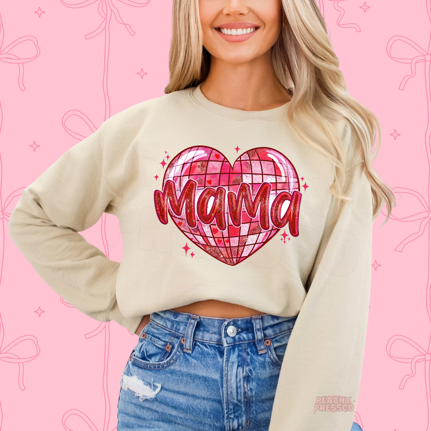 Sand sweatshirt with a shimmering pink disco heart and Mama graphic, ideal for celebrating Valentine's Day in style.