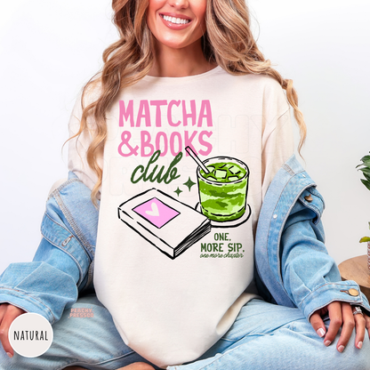 Woman wearing a natural Comfort Colors t-shirt featuring the Matcha & Books Club graphic with a green iced matcha, illustrated book, and reading-inspired design. Relaxed oversized tee for readers and matcha lovers.
