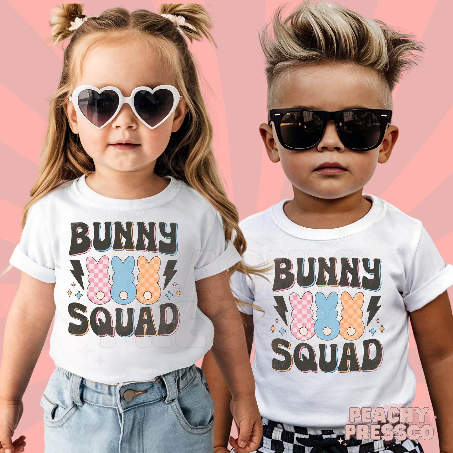 Matching Bunny Squad Easter shirts for toddler boy and girl featuring colorful retro bunny and spring-inspired design.