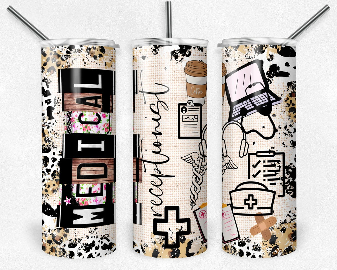 20oz skinny tumbler for medical receptionists featuring leopard print accents, coffee cup, clipboard, laptop, caduceus, and healthcare office illustrations.
