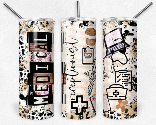 20oz skinny tumbler for medical receptionists featuring leopard print accents, coffee cup, clipboard, laptop, caduceus, and healthcare office illustrations.
