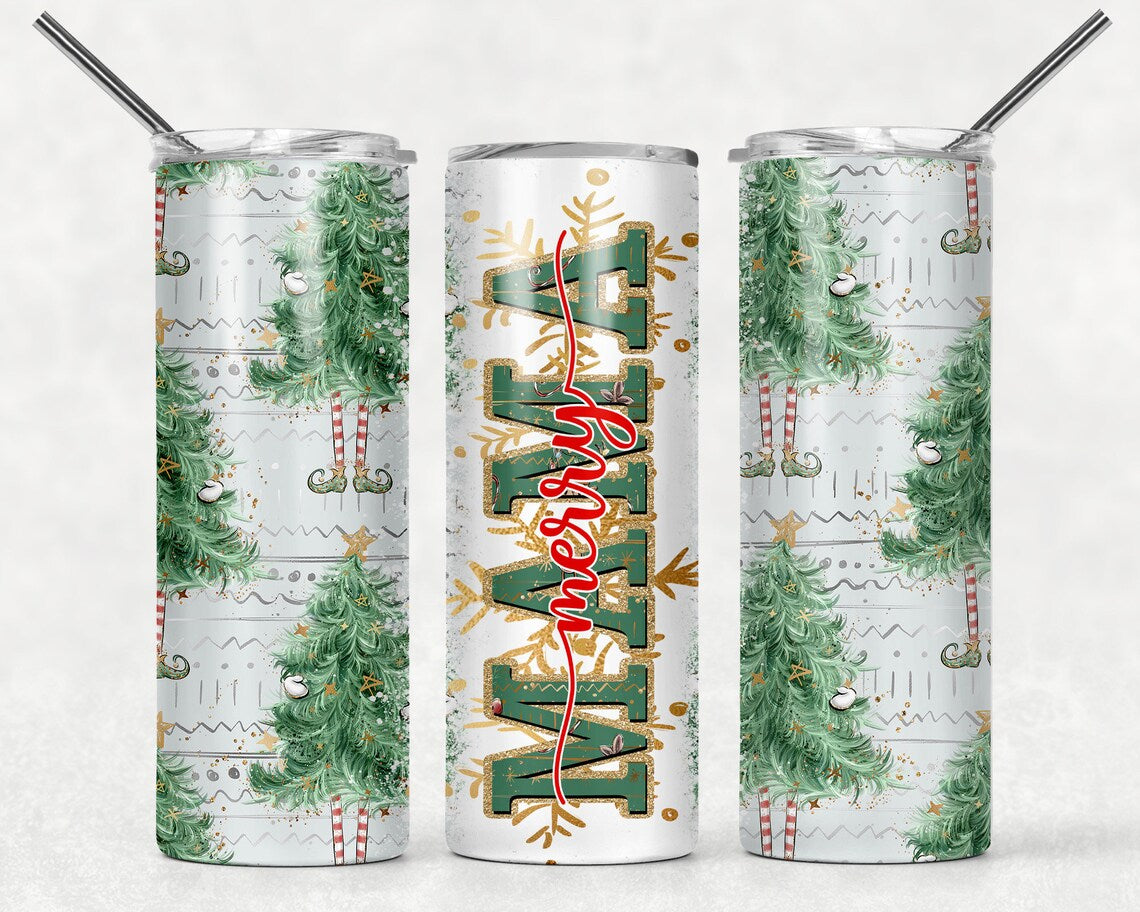 White 20oz tumbler with green patterned MAMA text, red cursive merry overlay, and whimsical Christmas trees with elf legs.