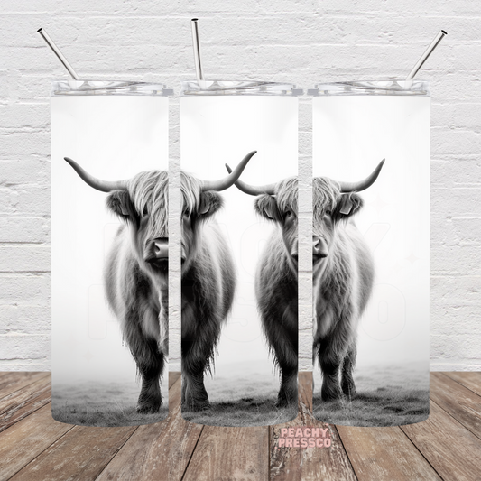 Minimalist black and white Highland cow portrait on a clean white full wrap 20oz skinny tumbler.