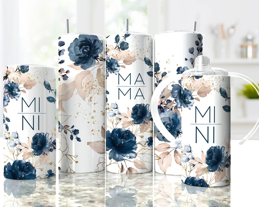20oz skinny tumbler with navy blue floral artwork, gold accents, and Mama Mini design.