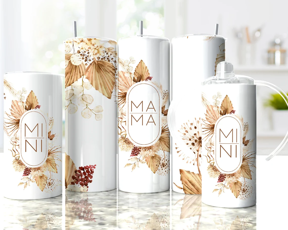20oz skinny tumbler featuring beige botanical florals, dried flowers, and Mama Mini design.
