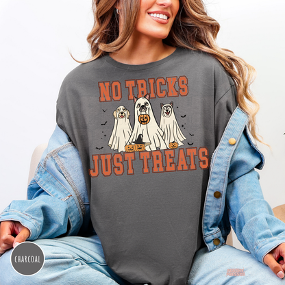 Charcoal No Tricks Just Treats Halloween dog T-shirt featuring dogs dressed as ghosts, pumpkins, bats and orange lettering