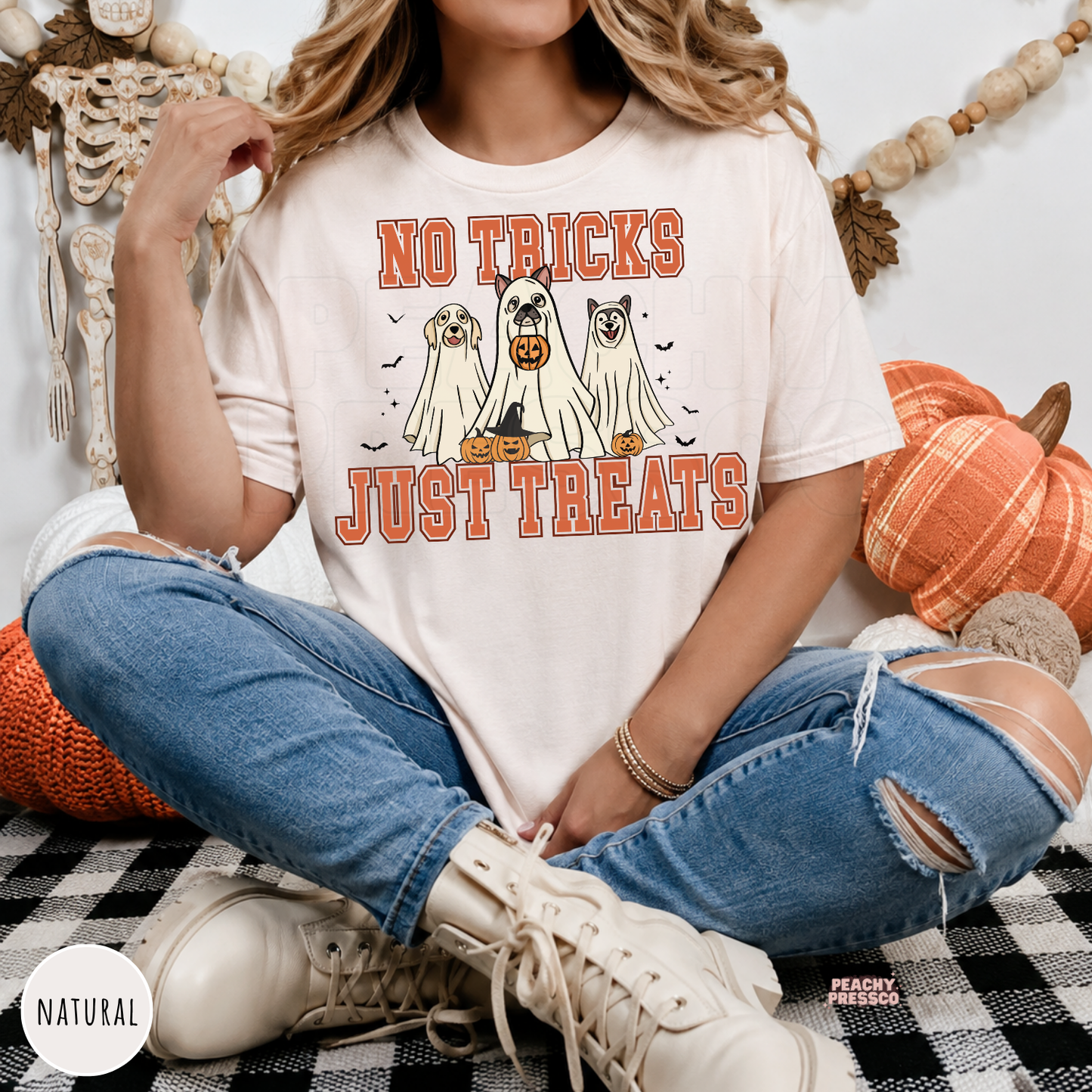 Natural No Tricks Just Treats Halloween graphic tee featuring ghost dogs, pumpkins and cute spooky details