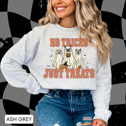 Ash grey No Tricks Just Treats Halloween sweatshirt featuring three cute ghost dogs, pumpkins, bats and orange lettering