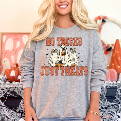 Sport grey No Tricks Just Treats Halloween sweatshirt with cute ghost dogs, pumpkins and spooky Halloween details