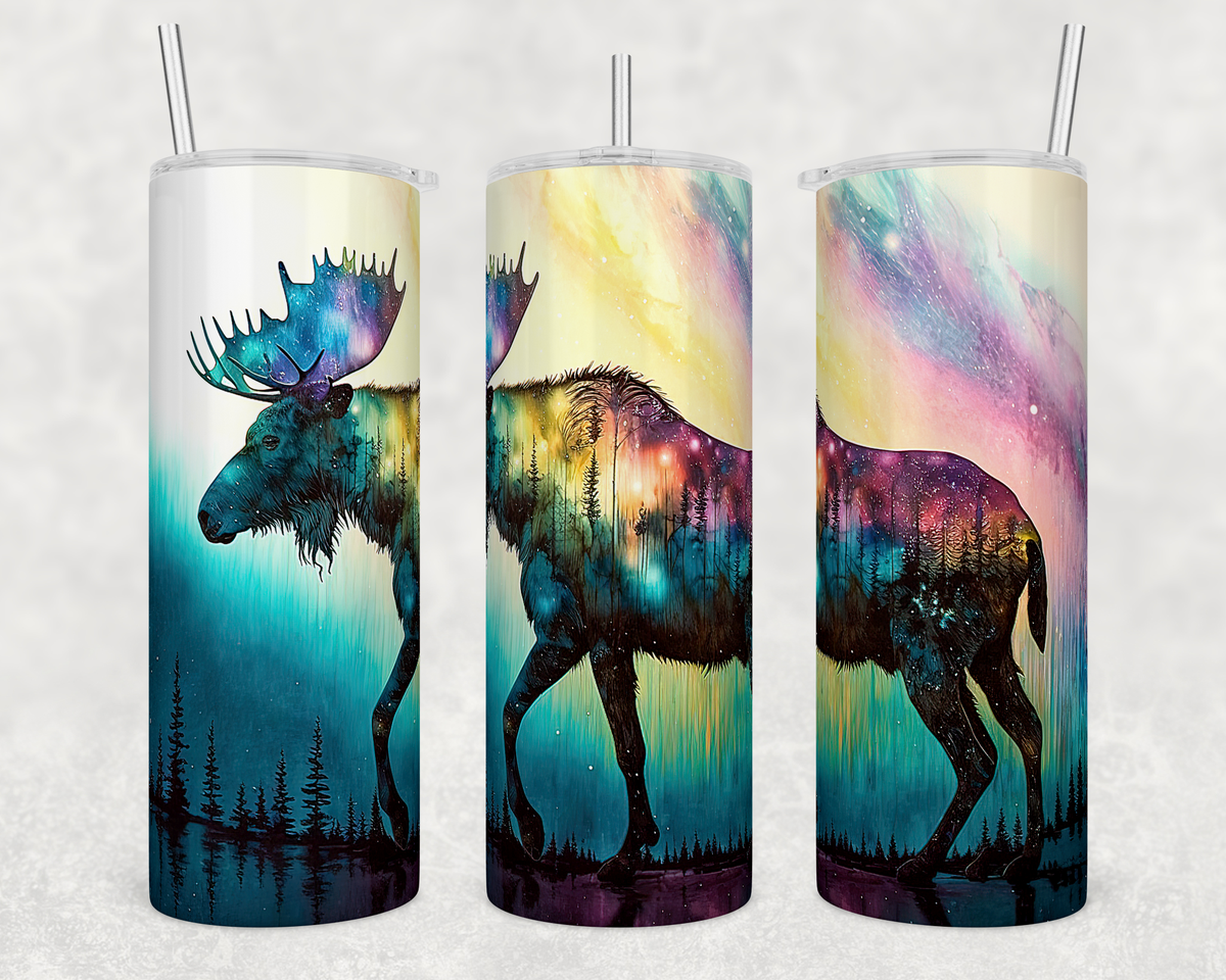 20oz skinny tumbler featuring a moose silhouette with colorful northern lights and forest landscape artwork.