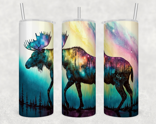 20oz skinny tumbler featuring a moose silhouette with colorful northern lights and forest landscape artwork.