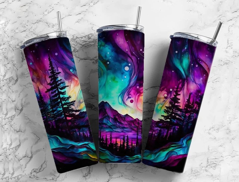 20oz stainless steel tumbler featuring a vibrant northern lights landscape with colorful aurora borealis, mountain peaks, pine trees, and a serene lake. Perfect for nature lovers, campers, hikers, and outdoor adventures.